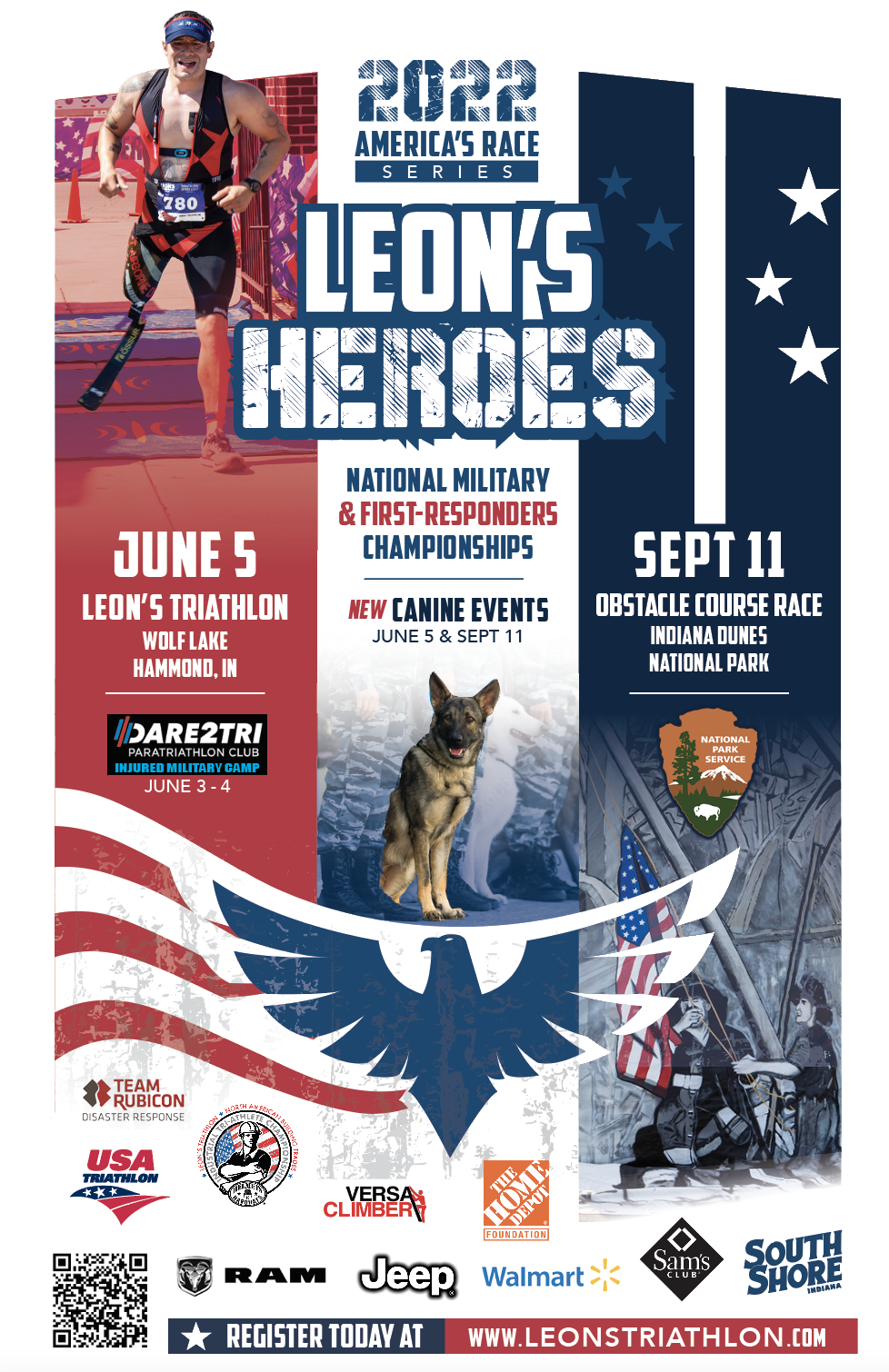 We will have Leon’s Triathlon on Sunday, June 5, 2022 at Wolf Lake in Hammond, Indiana and Leon’s Heroes Obstacle Course Race on Sunday, September 11, 2022 at Indiana Dunes National Park.